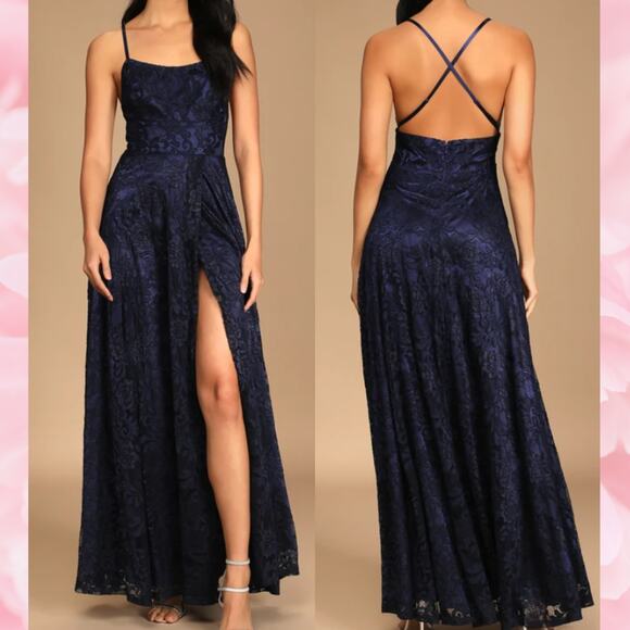 LULU'S XL Heart Full of Love Navy Blue Backless Lace Maxi Dress NEW B109 - Picture 1 of 8